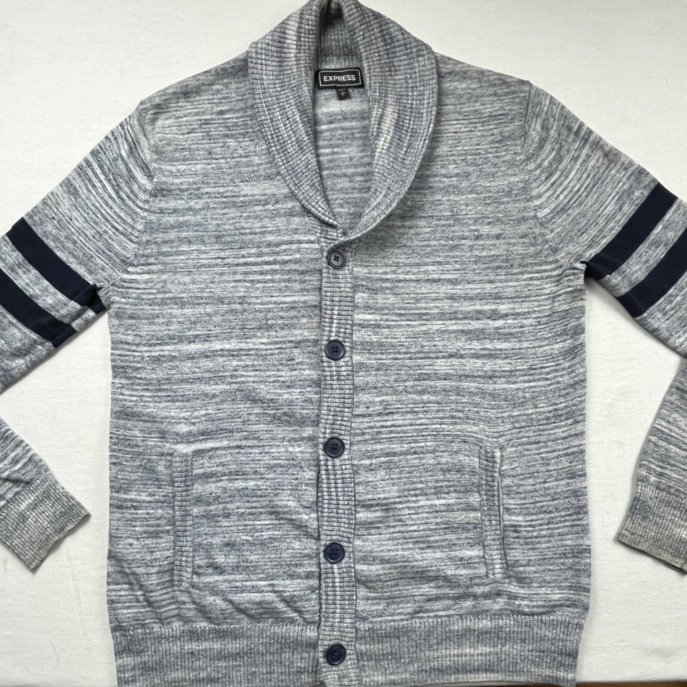 Express Womens Grey Space Dye Shawl Collar Button Cardigan Varsity Stripe Small